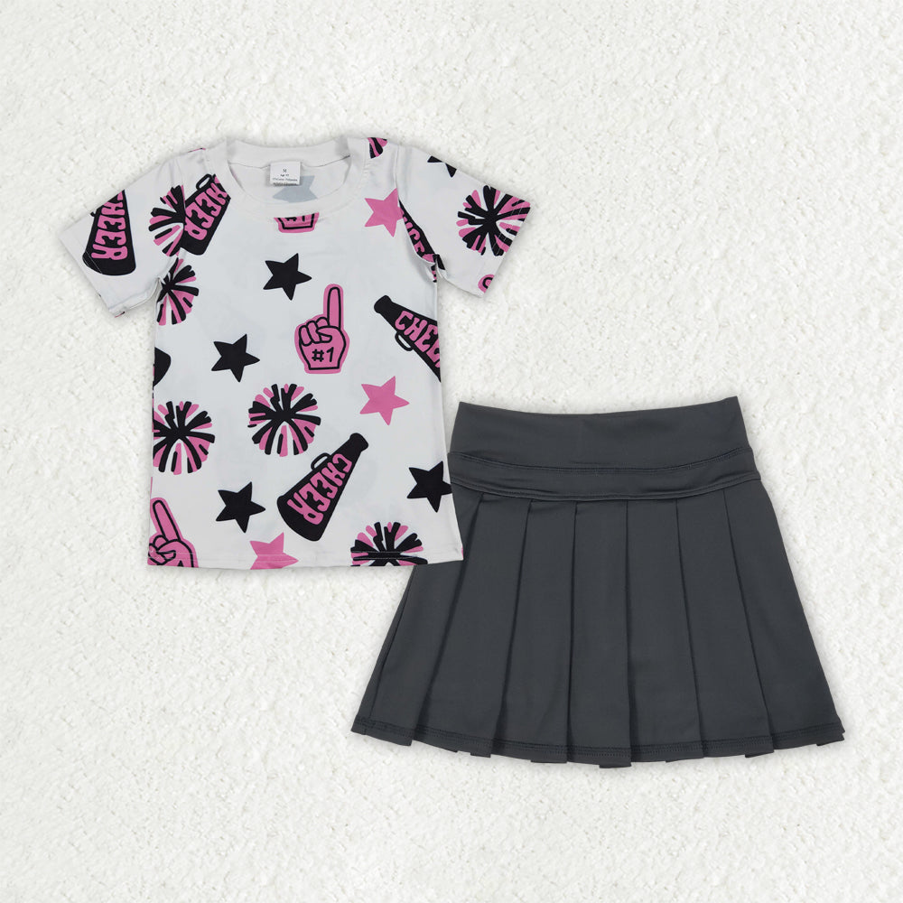 Girls pink cheer shirt matching yoga skirt summer outfit