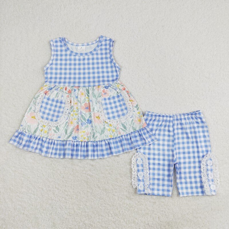 best sister blue floral boutique matching clothing set wholesale baby clothes