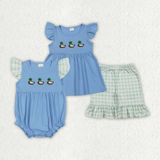 Mallard duck embroidery shirt plaid shorts kids girls summer outfit