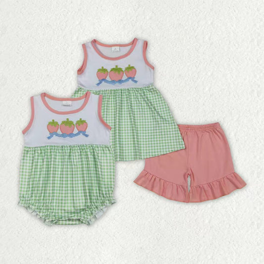 Embroidery Strawberry top matching  shorts girls summer outfit
