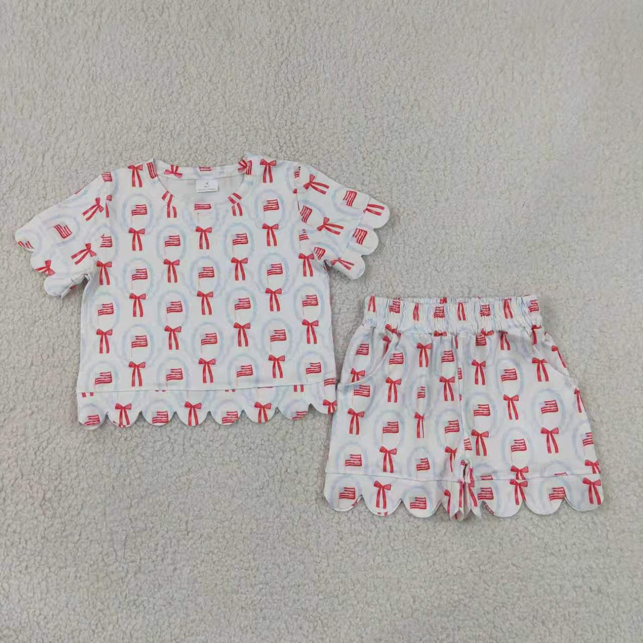 July 4th red blue bow top matching shorts girl summer clothes