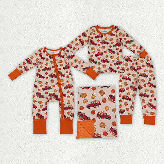 Fall pumpkin truck long sleeve set romper blanket matching outfit