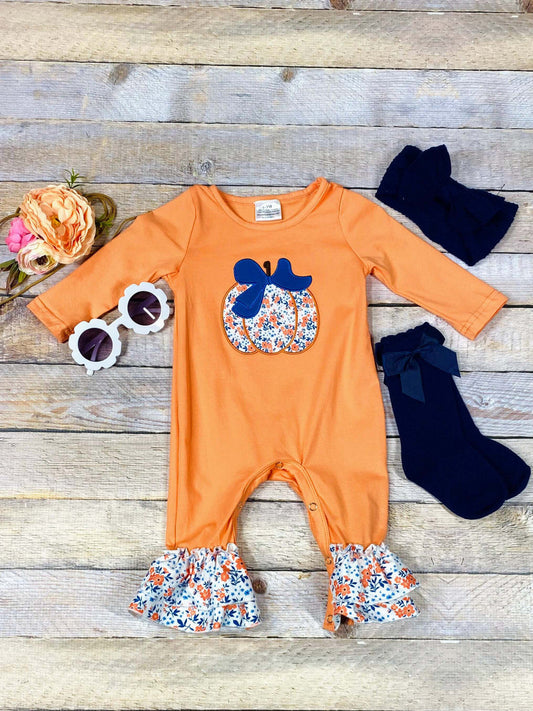 floral pumpkin orange long sleeve baby girls fall season romper