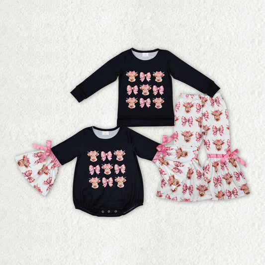 Best sister Highland cow pink bow long sleeve matching clothes