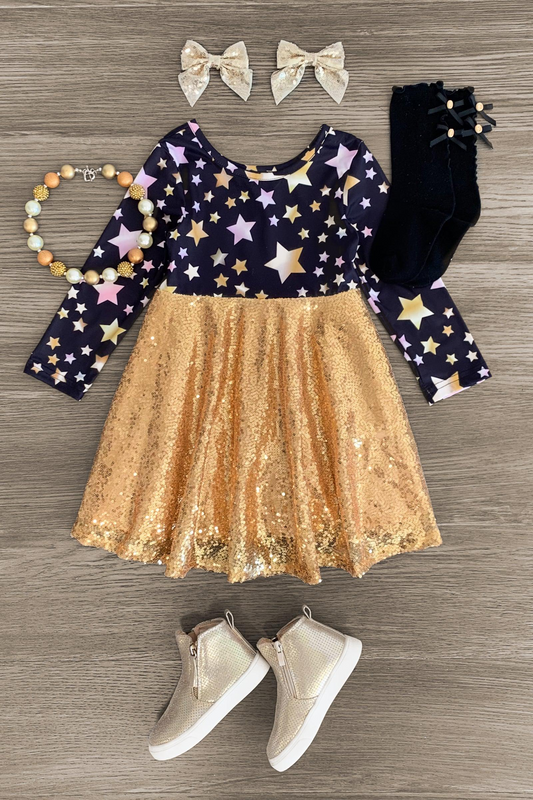 happy new year start print sequins dress