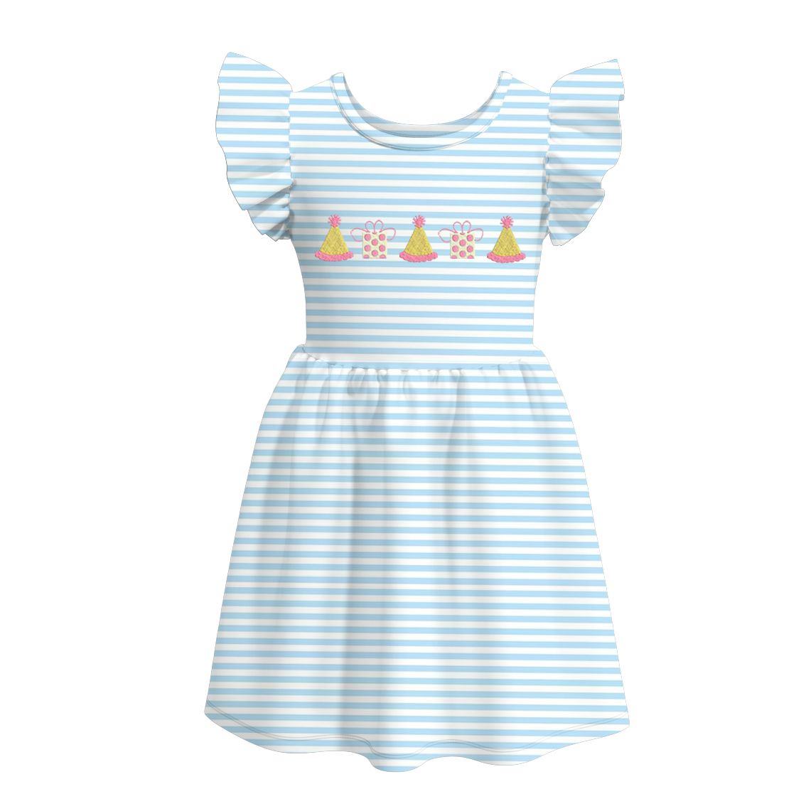 Wholesale Kids Girls Blue Stripes Christmas Short Sleeve Dress