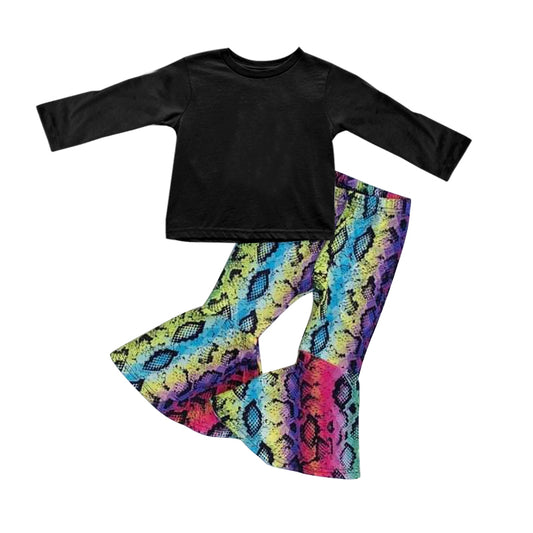 girl long sleeve black top snake skin bell bottoms outfit