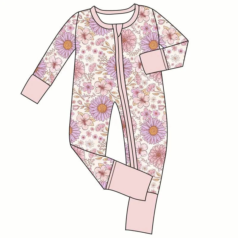 toddle baby flowers print long sleeve zip romper wholesale factory price