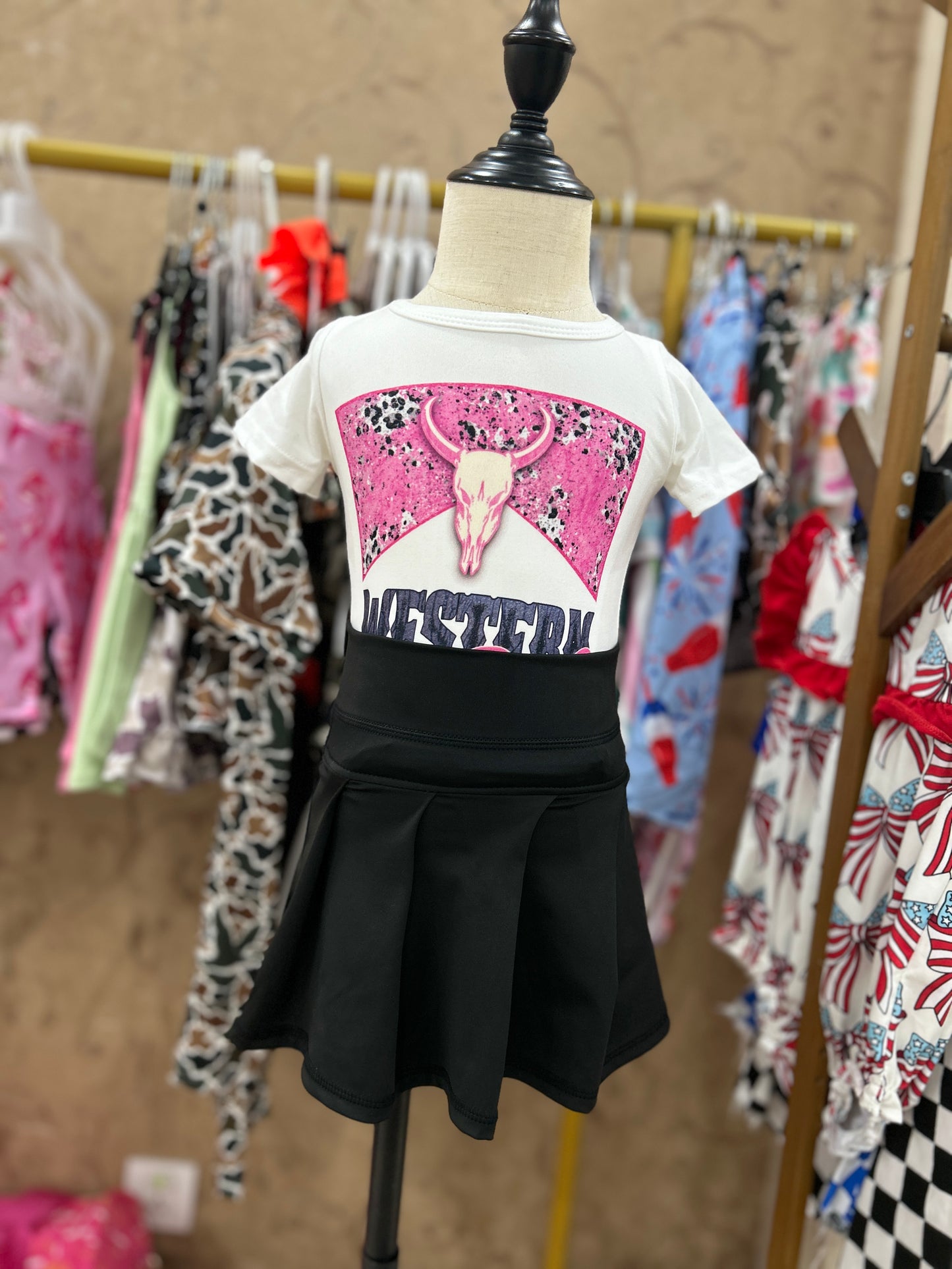 Girls western babe shirt matching black yoga skirt summer outfit