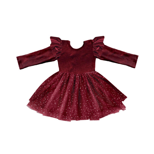 baby girls wine red velvet matching tulle long sleeve dress