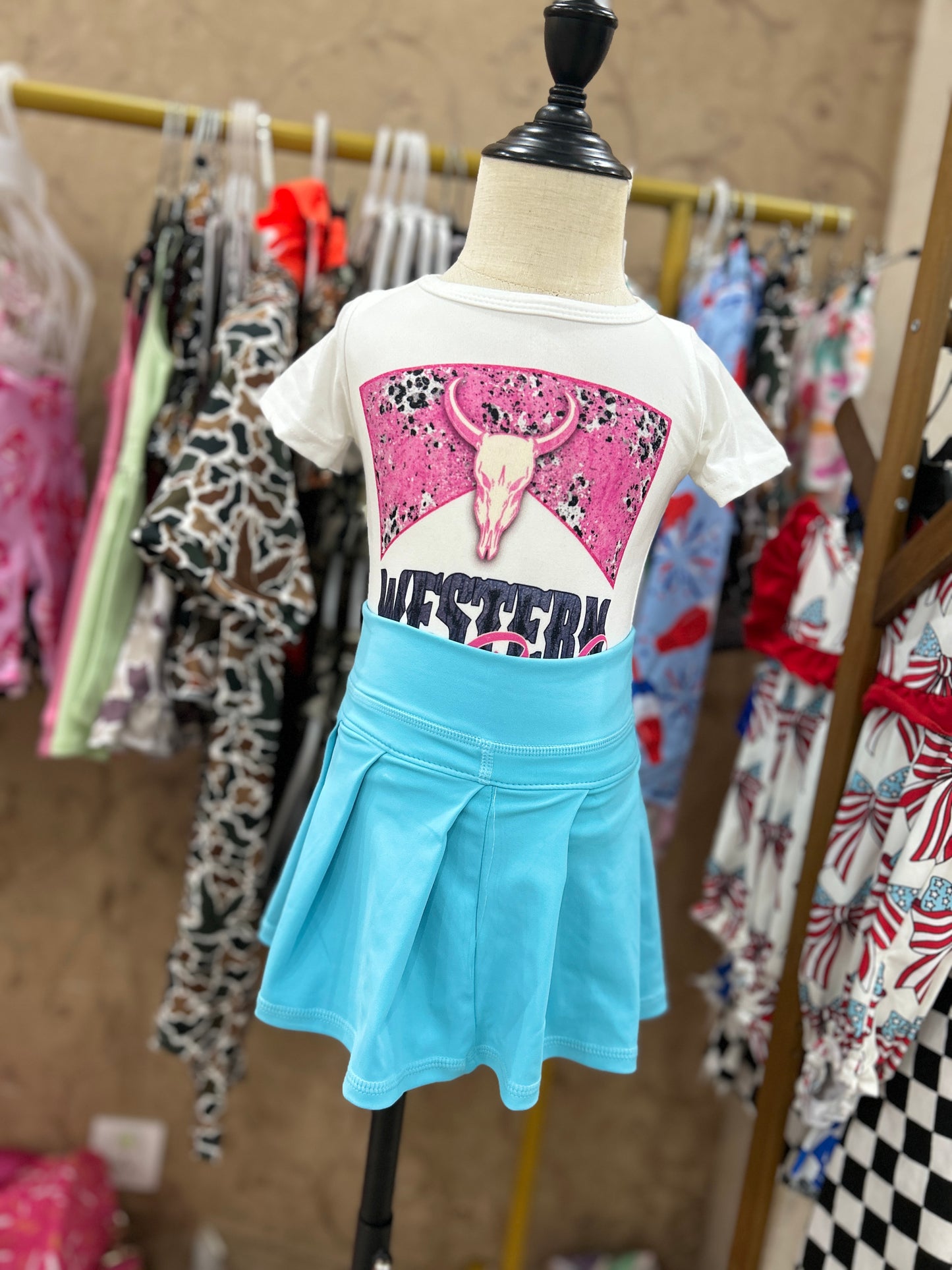 Girls western babe shirt matching blue yoga skirt summer outfit