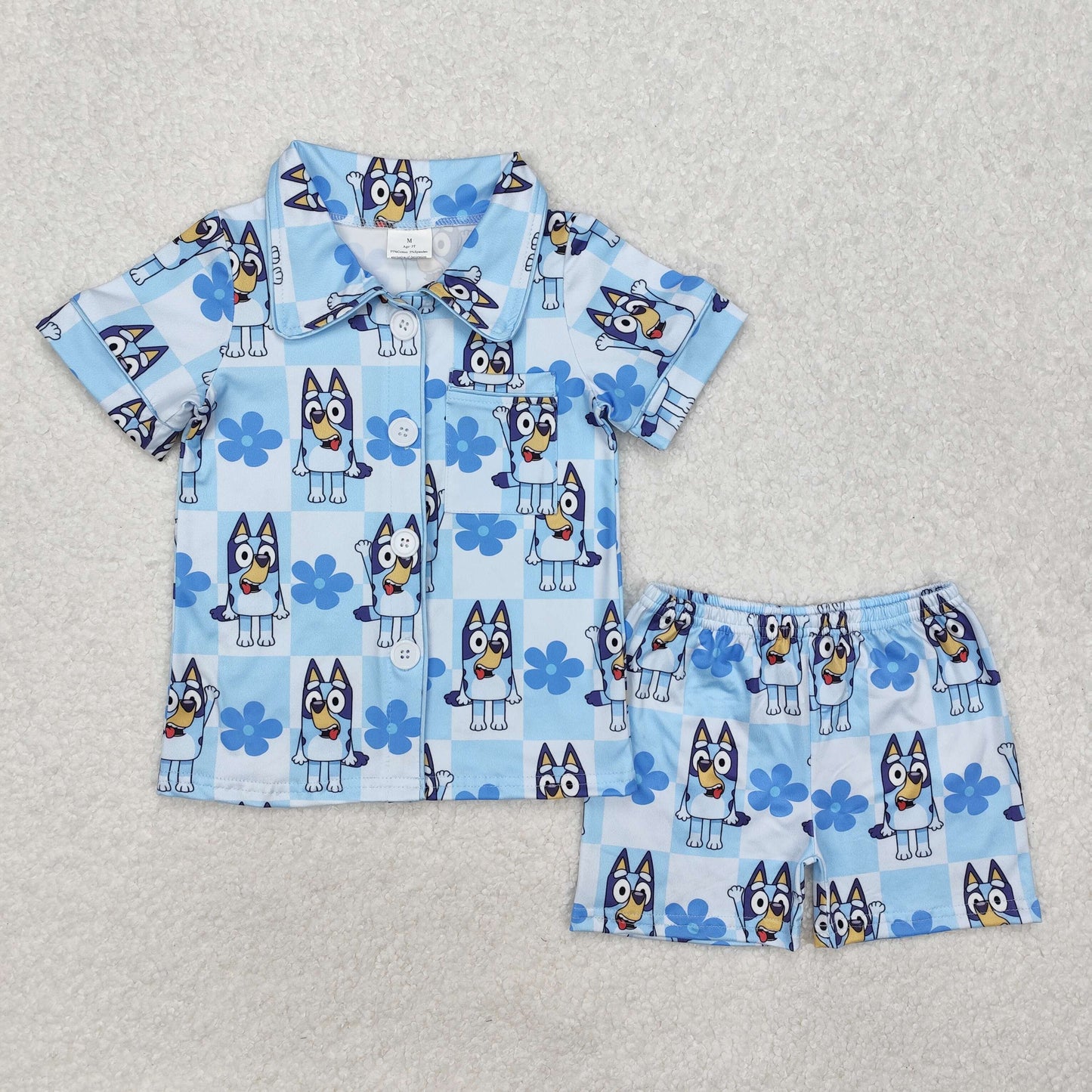 mommy and me blue cartoon dog short sleeve button down pajama set