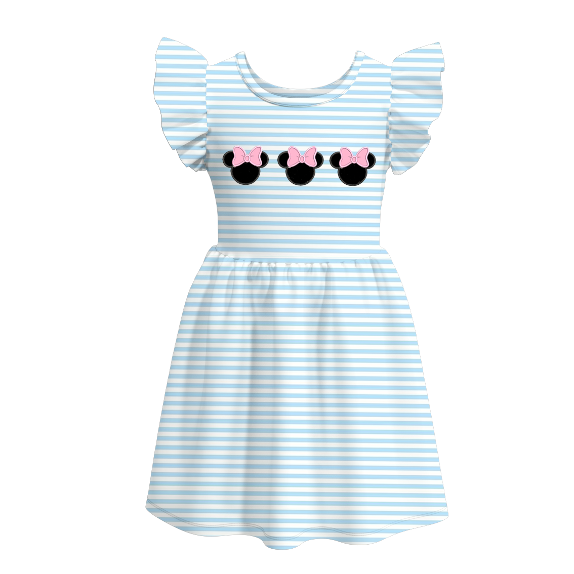 Wholesale Kids Girls Blue Stripes Cartoon Short Sleeve Dress