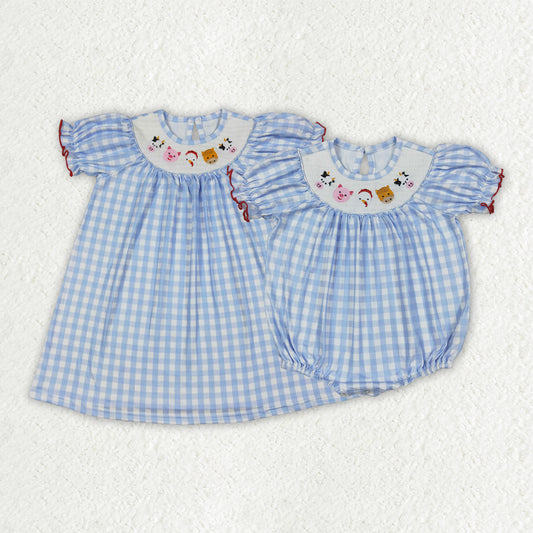 Toddle girls farm animal blue plaid smocked dress