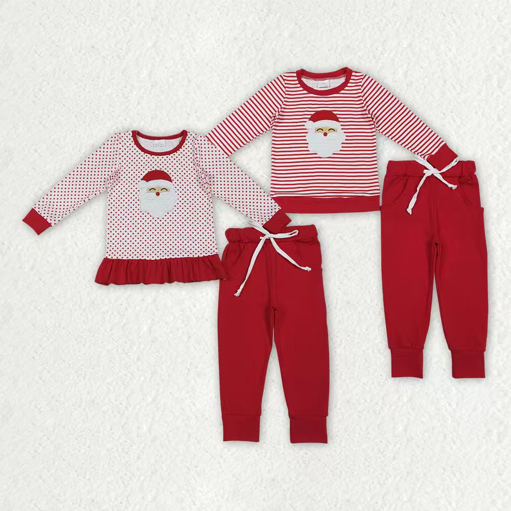 Christmas santa embroidery shirt matching pants girls outfit