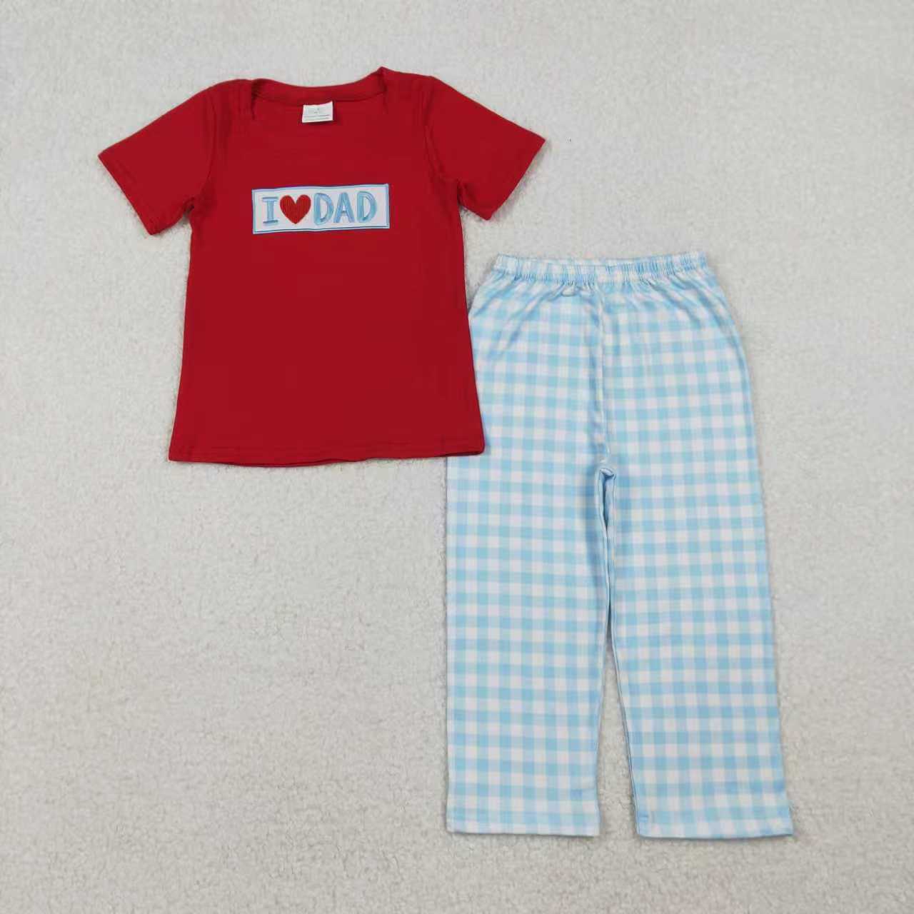 embroidery I LOVE mom red shirt pink  plaid pants girls outfit