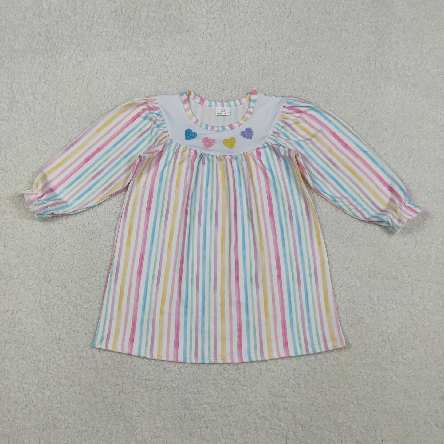 Embroidery Valentines heart baby girl long sleeve stripes dress