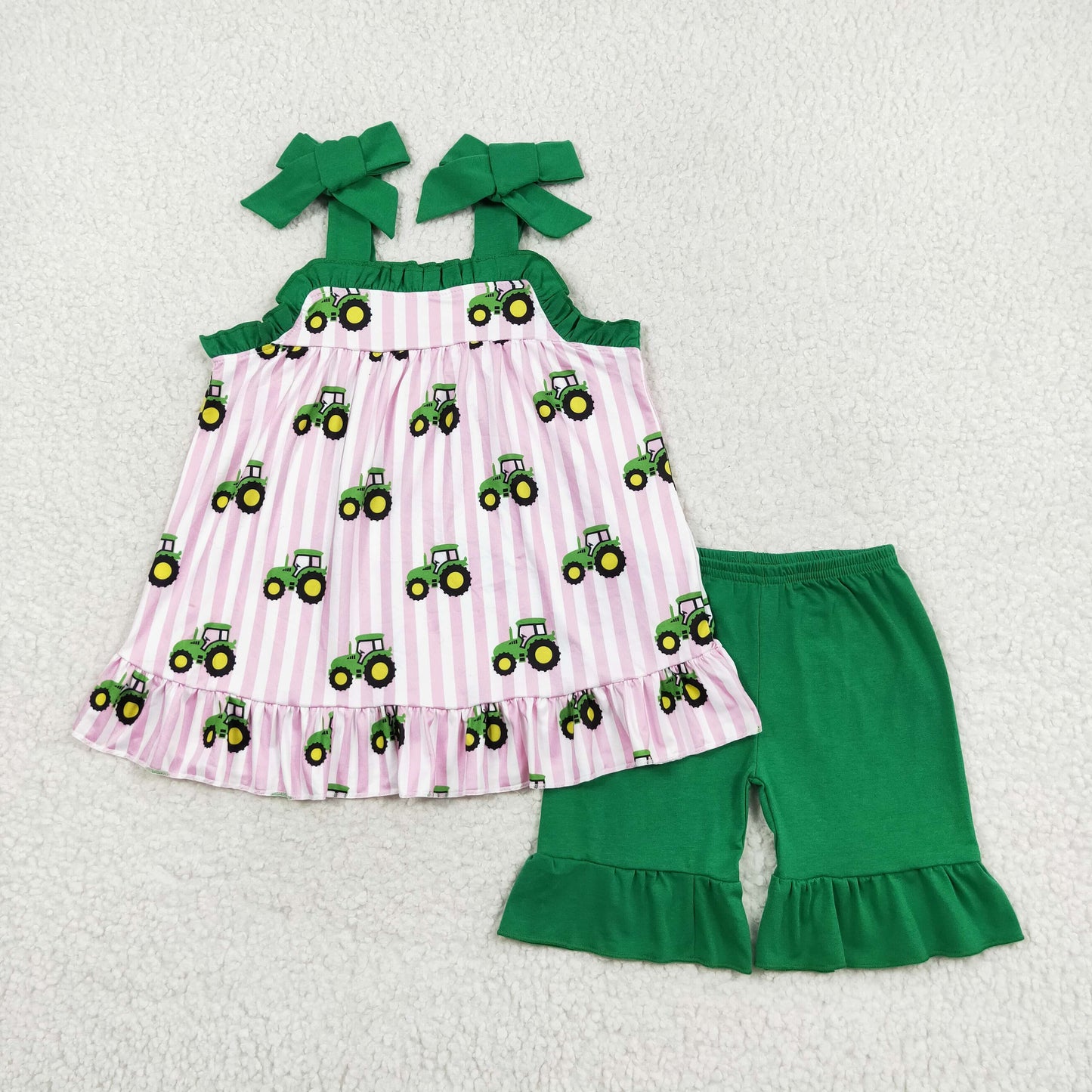 green tractor pink stripes sister brother summer clothing set