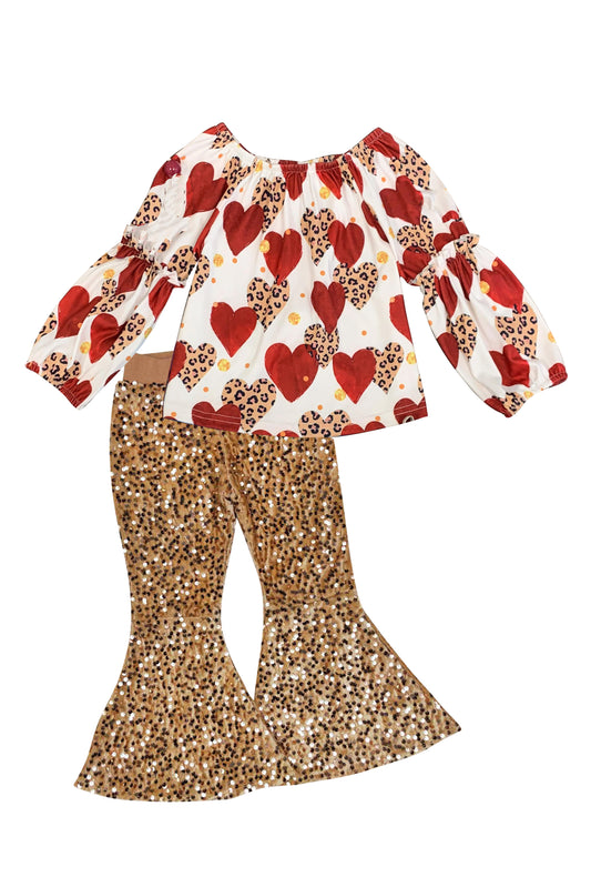 girls long sleeve heart top khaki sequins bell bottoms outfit