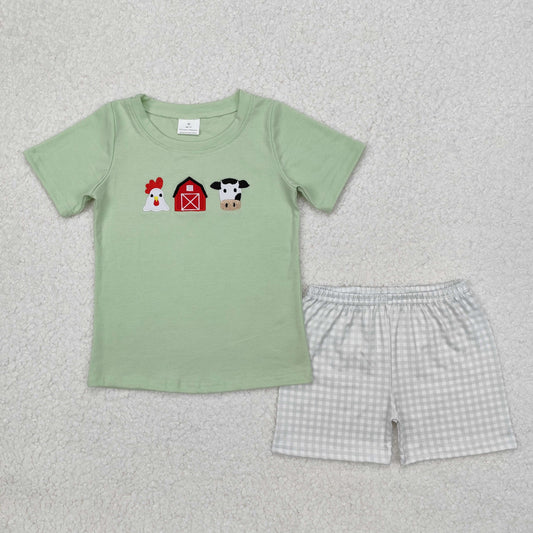 Embroidery Farm animal top plaid shorts baby boy outfit