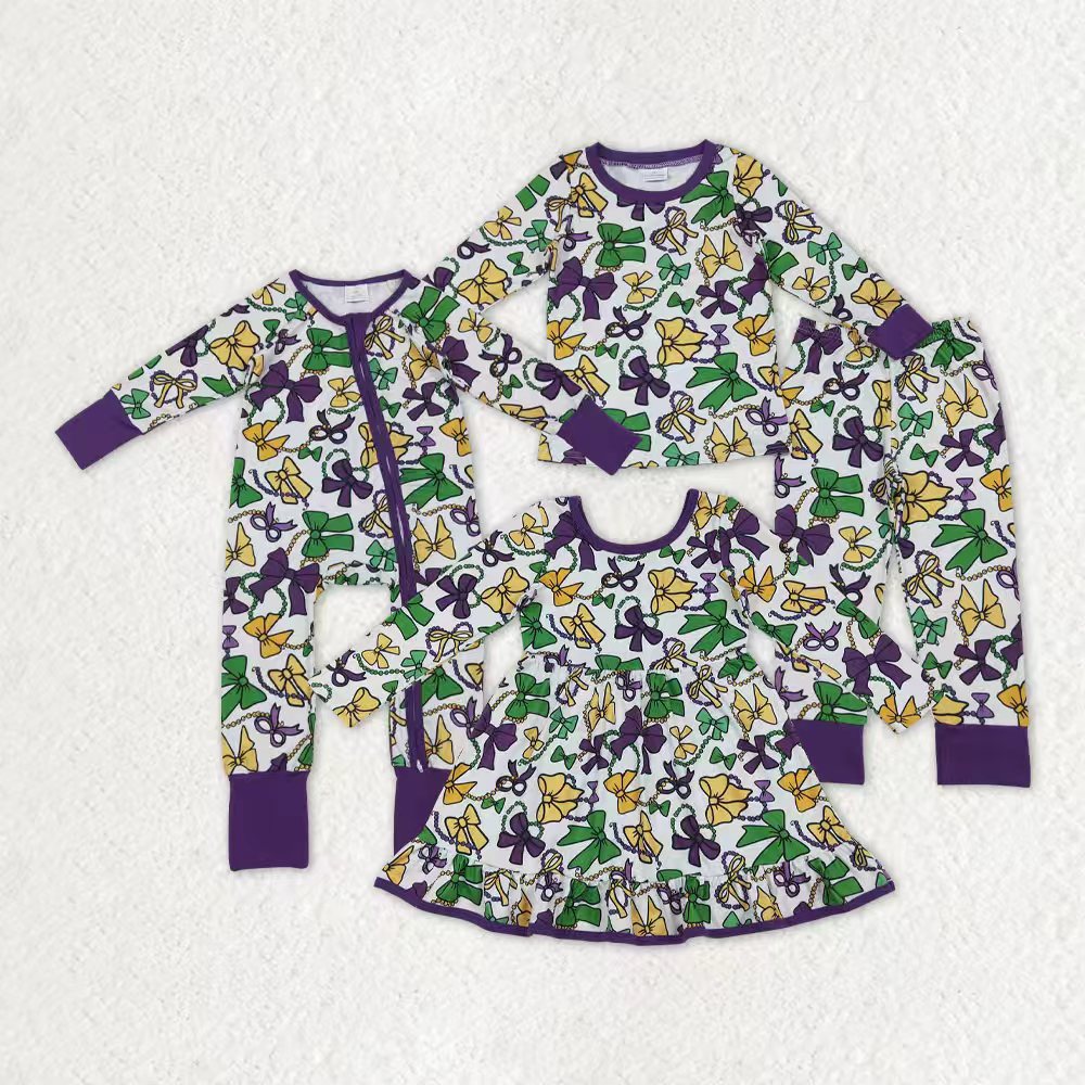 Mardi Gras bow girls long sleeve pajama set