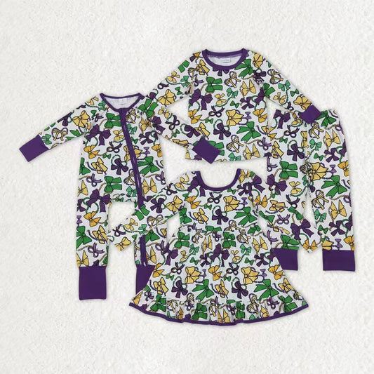Mardi Gras bow girls long sleeve pajama set