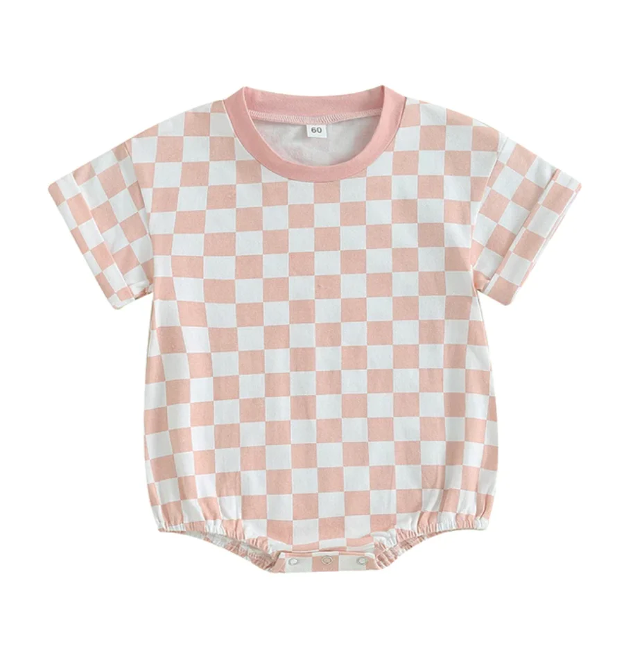 pink checkered short sleeve romper