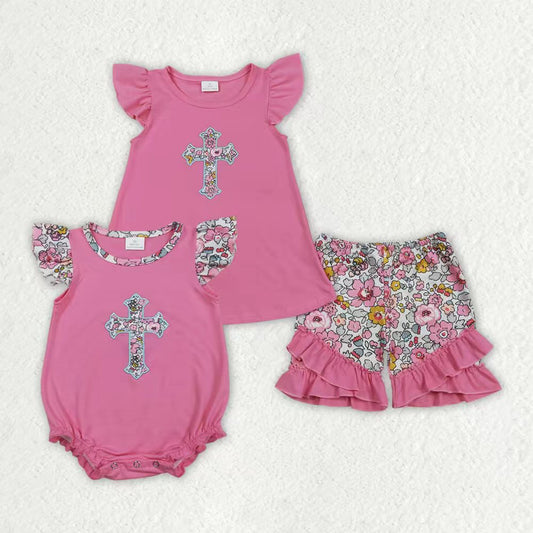 Easter floral cross embroidery top matching shorts girl summer outfit