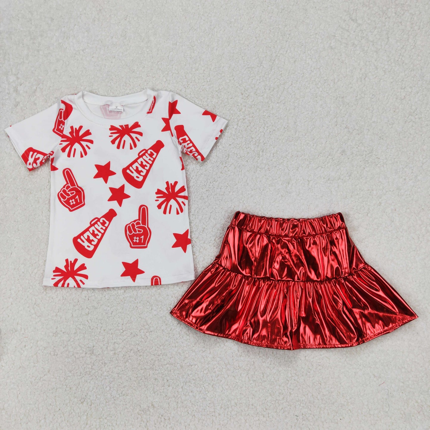 Girls cheer shirt red pu skirts girl summer outfit