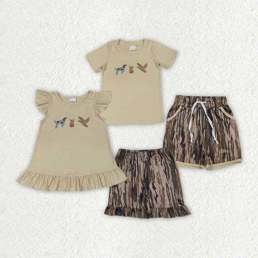 Embroidery Deer duck dog top matching shorts boy summer outfit