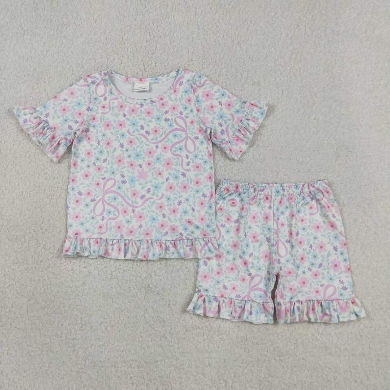 Pink bow short sleeve top matching shorts girls summer outfit