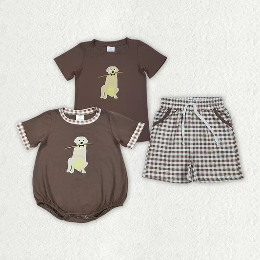 Embroidery Hunting dog shirt matching shorts boys summer outfit