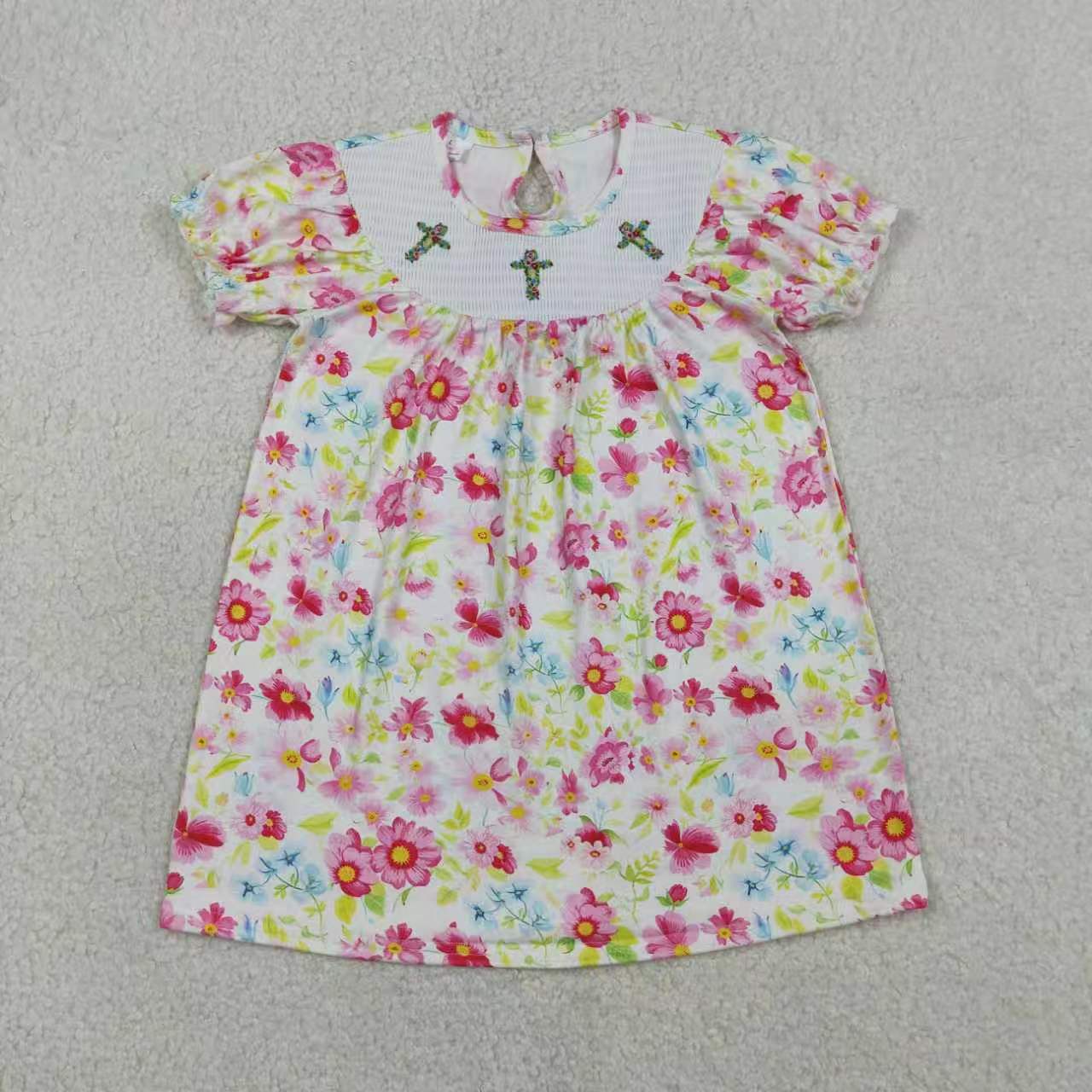 Easter cross girls floral smocked dress