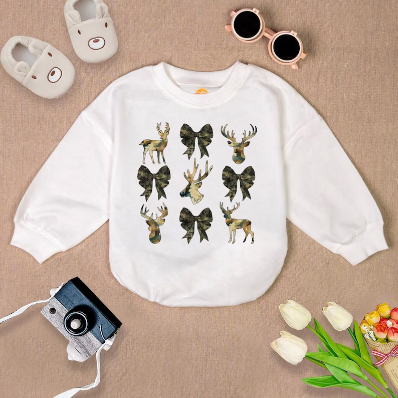 Newborn baby girls camouflage bow deer long sleeve romper