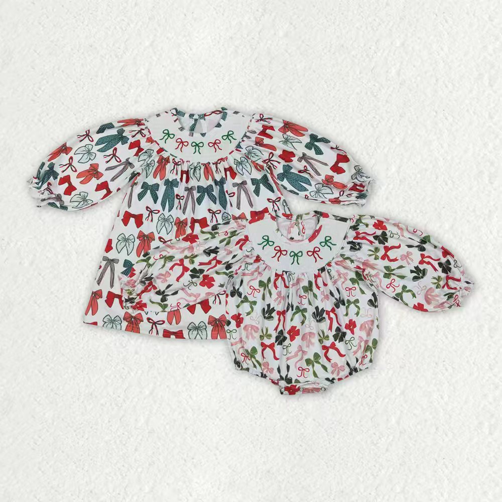 Toddle girls Christmas red green bow smocked dress