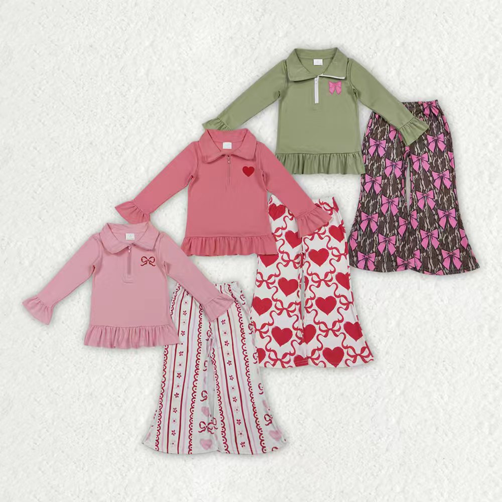 Embroidery Pink bow pullover matching pants design girls long sleeve outfit