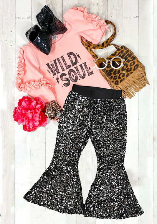 wild soul ruffle sleeve top black sequins bell bottoms outfit