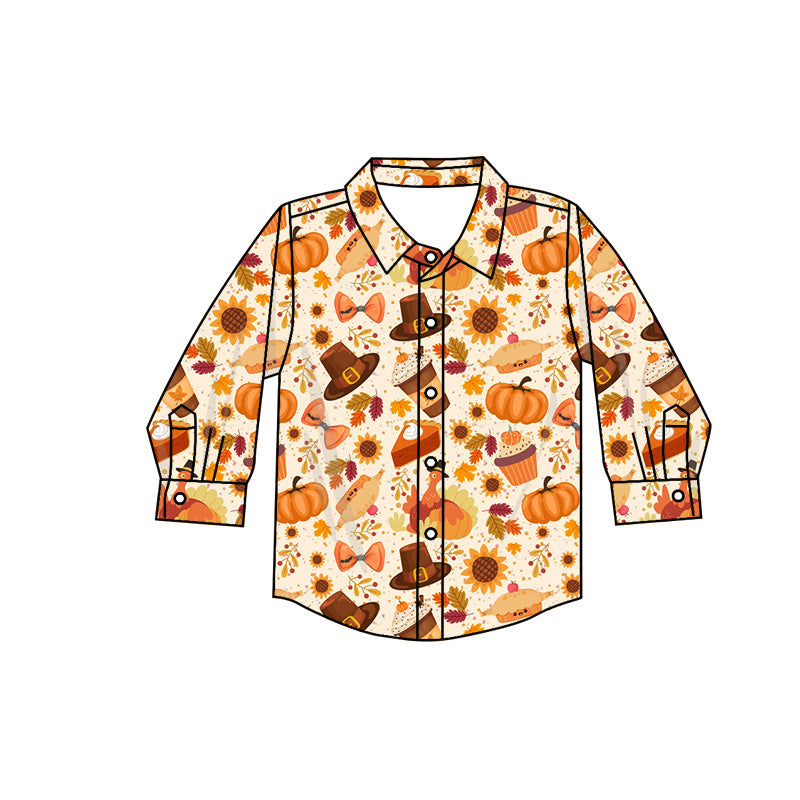 Toddle baby boy Thanksgiving pumpkin button down long sleeve shirt preorder