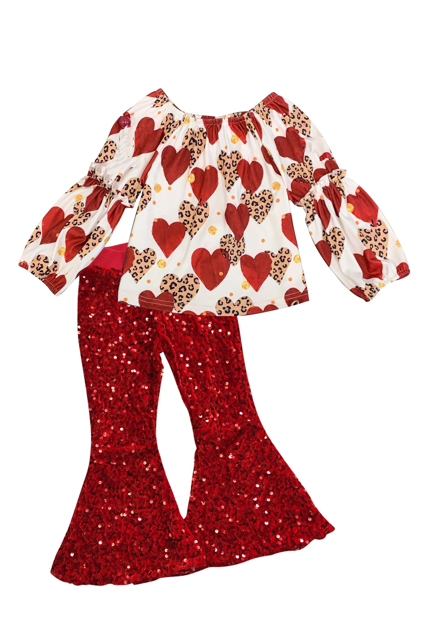 girls long sleeve heart top red sequins bell bottoms outfit