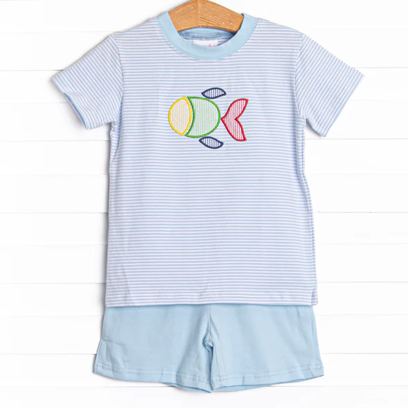 baby boy blue stripes sea fish design summer clothes