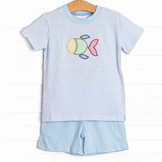 baby boy blue stripes sea fish design summer clothes