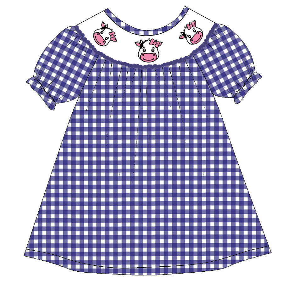 toddle girls short sleeve farm cow blue gingham dress