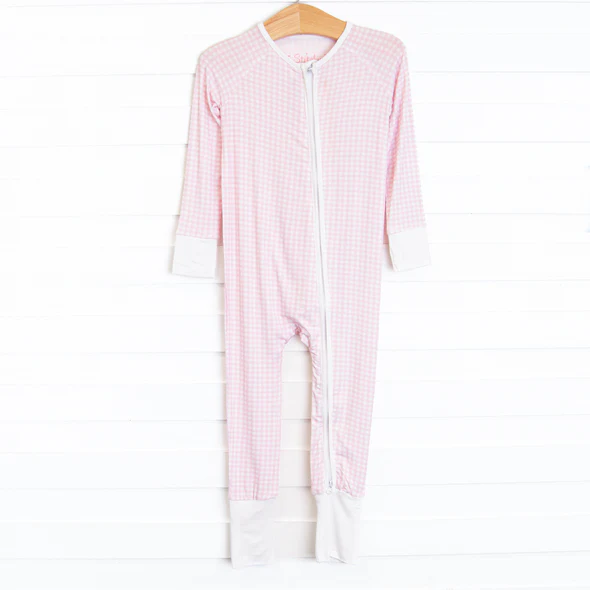 newborn kids pink gingham long sleeve zip romper