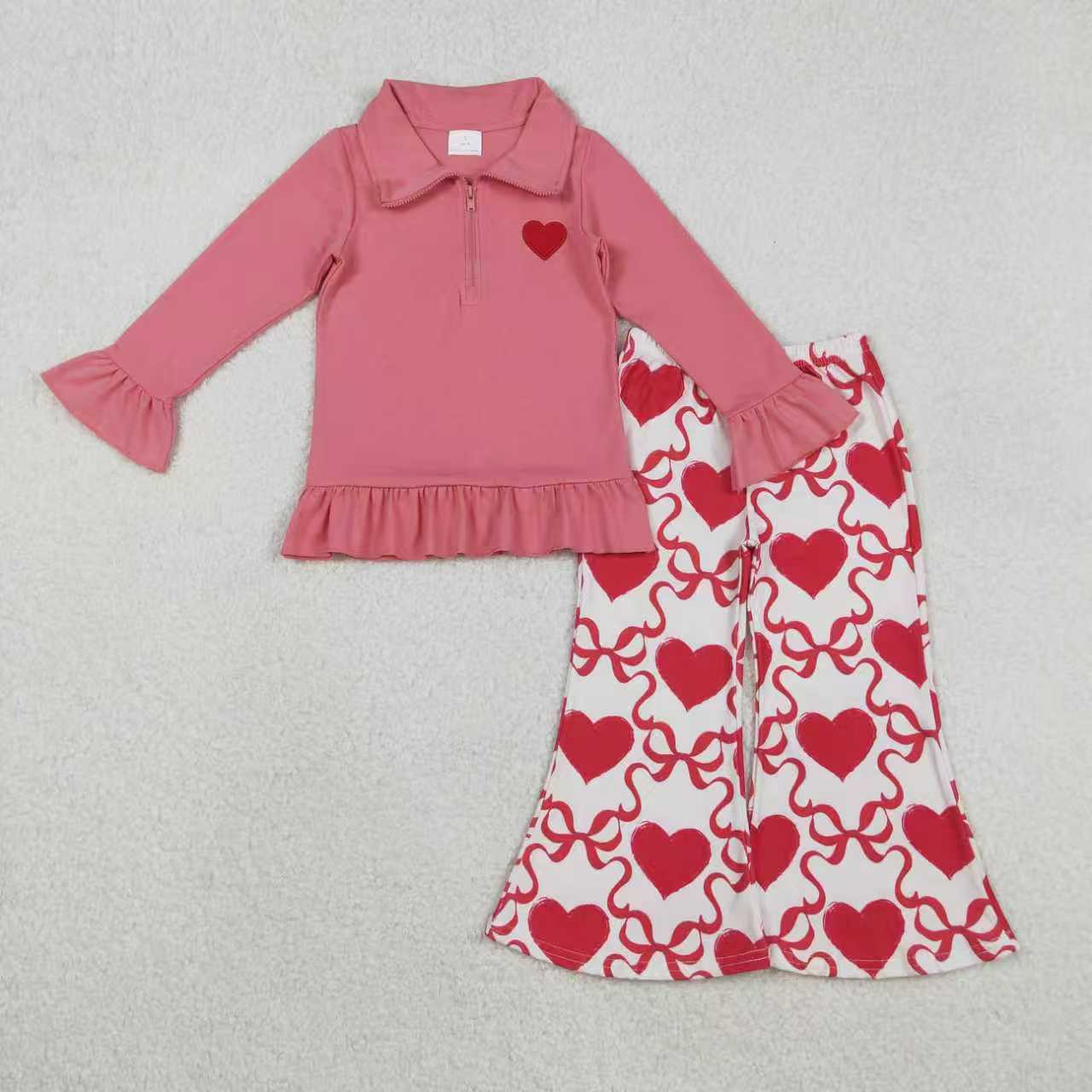 Embroidery Pink bow pullover matching pants design girls long sleeve outfit