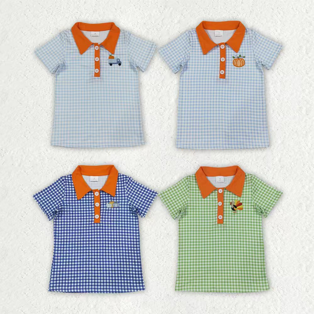 Thanksgiving embroidery turkey print boys short sleeve pullover shirt