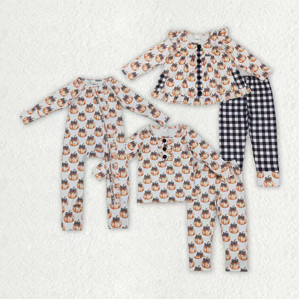 Fall pumpkin shirt black plaid pants kids long sleeve matching set
