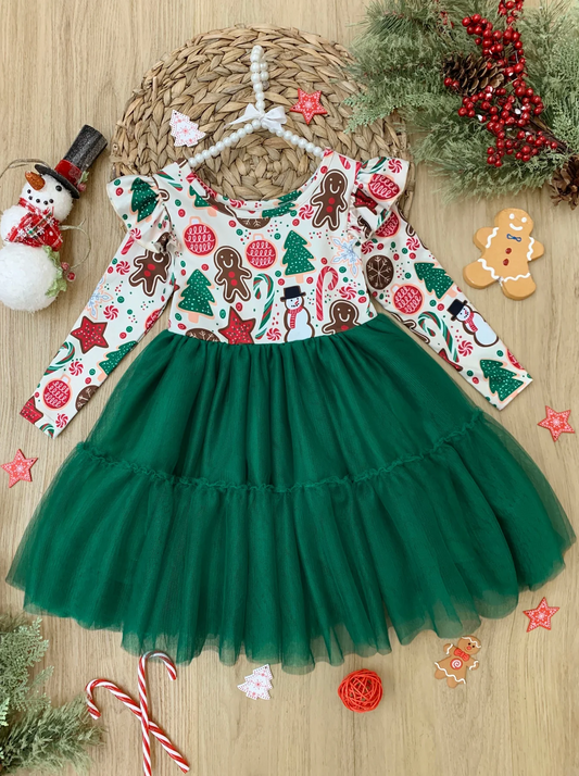 baby girls christmas print green tulle long sleeve dress