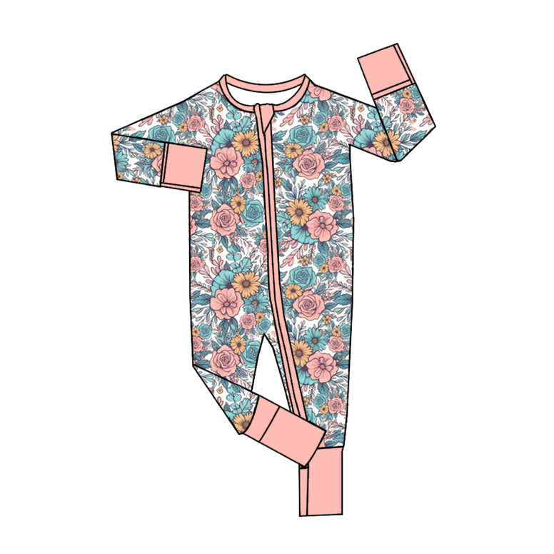 kids baby girls wholesale floral long sleeve zip romper