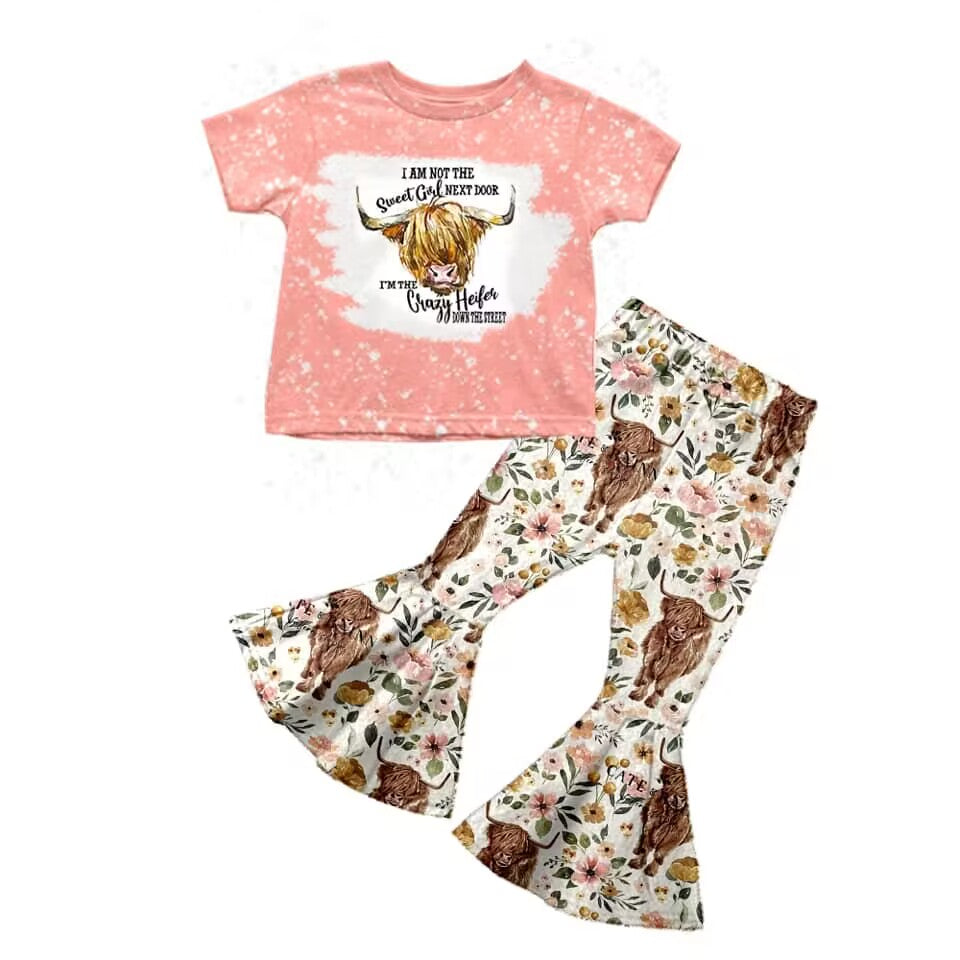 highland cow baby girls bell bottoms outfit