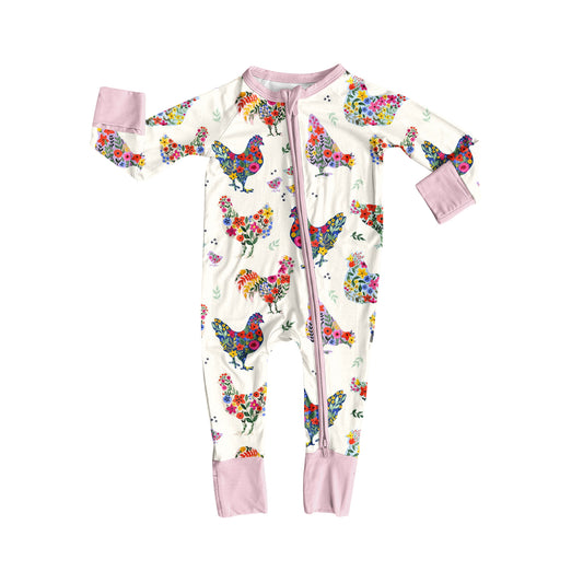 Floral chicken print kids long sleeve zip romper